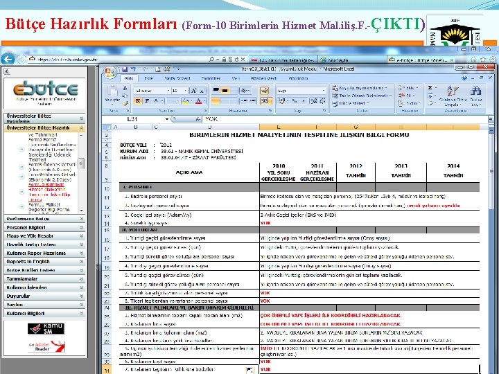 Bütçe Hazırlık Formları (Form-10 Birimlerin Hizmet Mal. iliş. F. -ÇIKTI) 