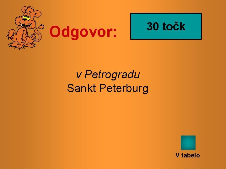 Odgovor: 30 točk v Petrogradu Sankt Peterburg V tabelo 