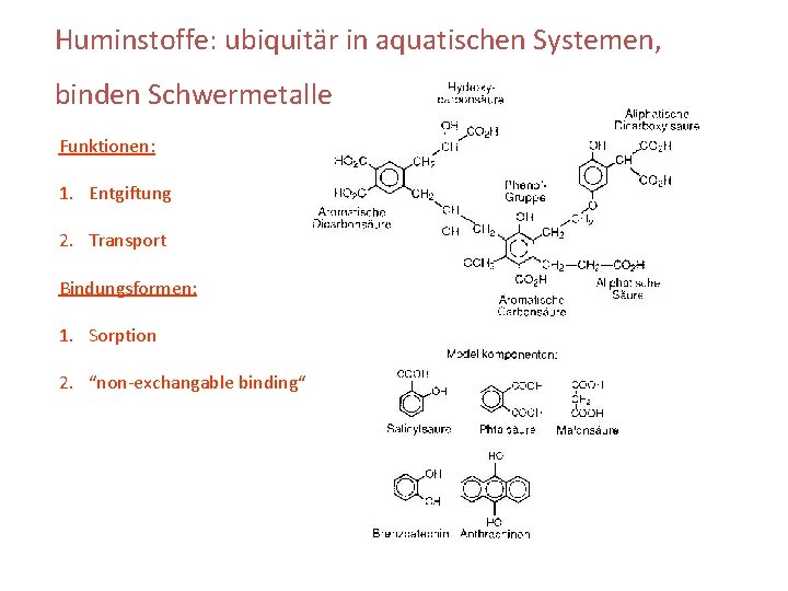 Huminstoffe: ubiquitär in aquatischen Systemen, binden Schwermetalle Funktionen: 1. Entgiftung 2. Transport Bindungsformen: 1.