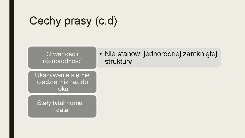 Cechy prasy (c. d) Otwartość i różnorodność Ukazywanie się nie rzadziej niż raz do
