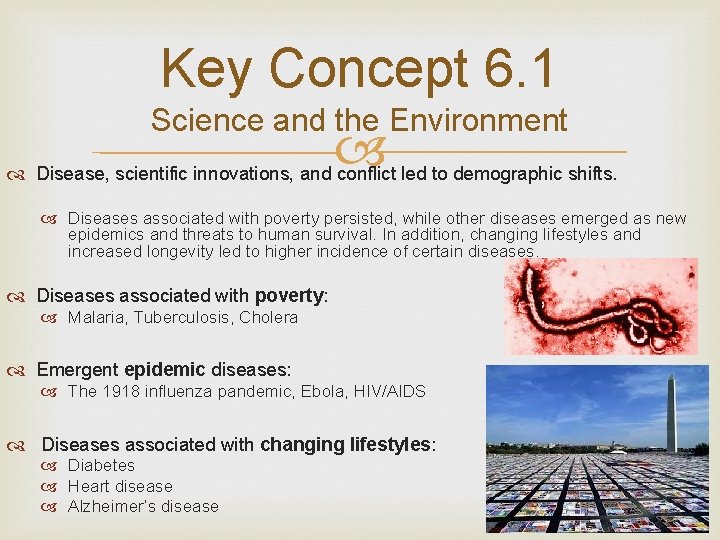 Key Concept 6. 1 Science and the Environment Disease, scientific innovations, and conflict led