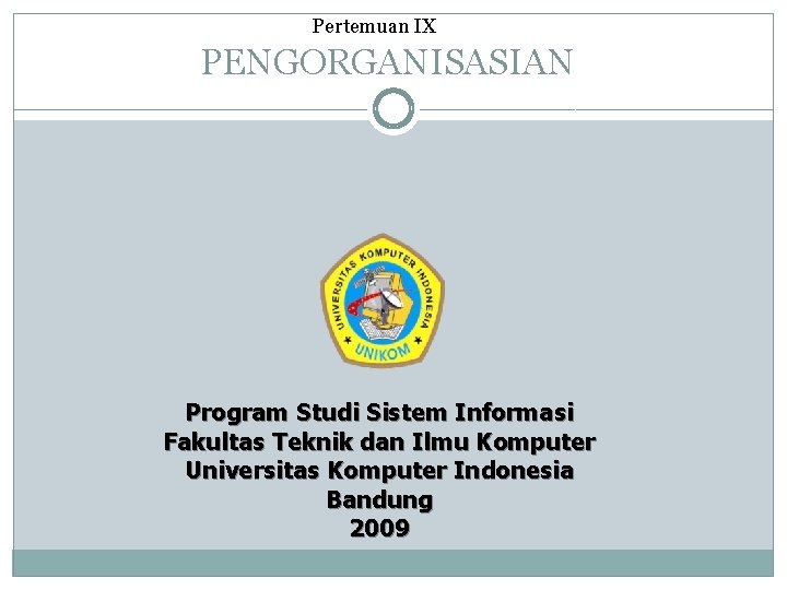 Pertemuan IX PENGORGANISASIAN Program Studi Sistem Informasi Fakultas Teknik dan Ilmu Komputer Universitas Komputer