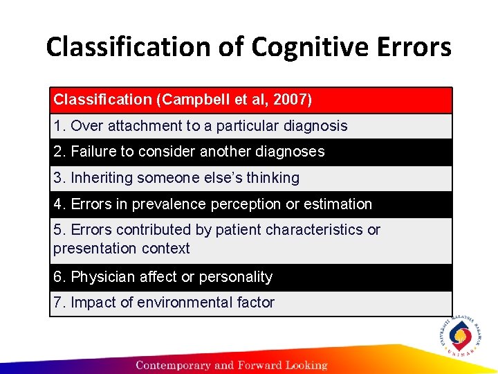 Classification of Cognitive Errors Classification (Campbell et al, 2007) 1. Over attachment to a