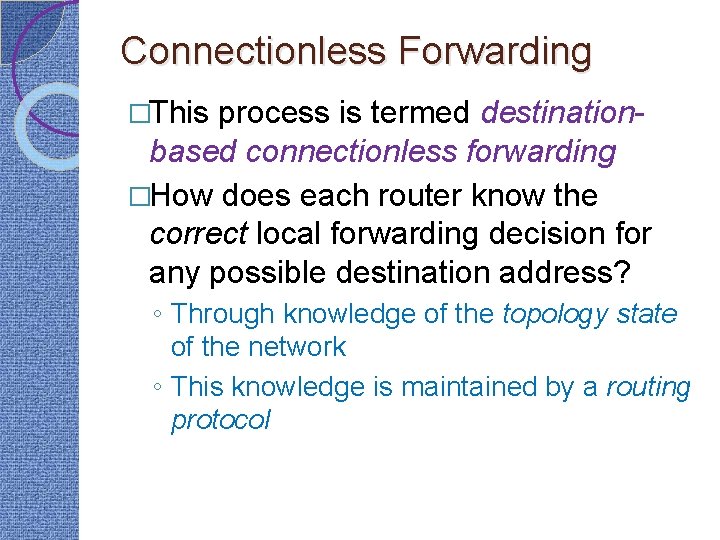 Connectionless Forwarding �This process is termed destinationbased connectionless forwarding �How does each router know