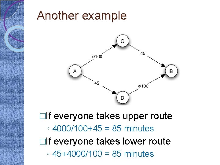 Another example �If everyone takes upper route ◦ 4000/100+45 = 85 minutes �If everyone