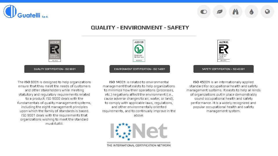 QUALITY - ENVIRONMENT - SAFETY QUALITY CERTIFICATION - ISO 9001 The ISO 9001 is