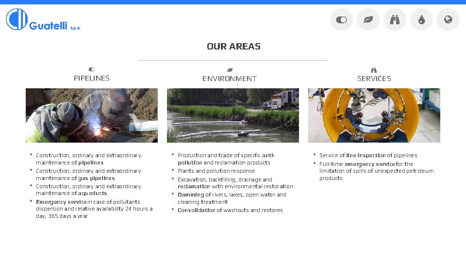 OUR AREAS PIPELINES • • Construction, ordinary and extraordinary maintenance of pipelines Construction, ordinary