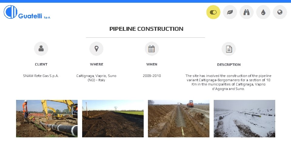 PIPELINE CONSTRUCTION CLIENT WHERE WHEN DESCRIPTION SNAM Rete Gas S. p. A. Caltignaga, Vaprio,