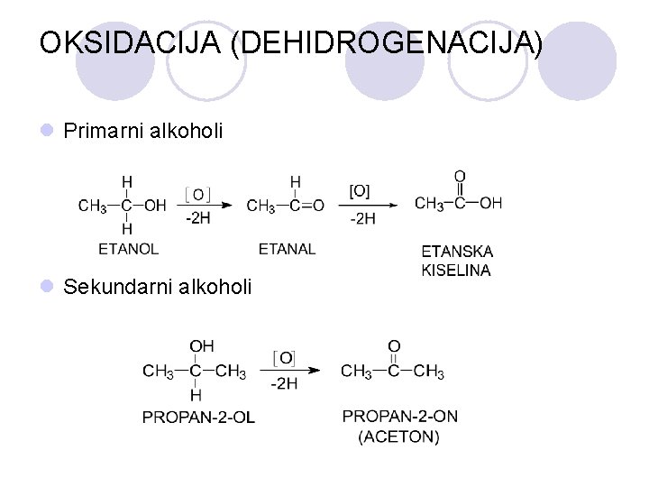 OKSIDACIJA (DEHIDROGENACIJA) l Primarni alkoholi l Sekundarni alkoholi 