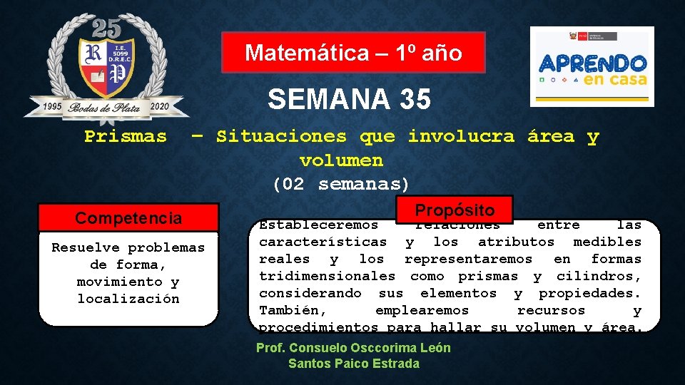 Matemática – 1º año SEMANA 35 Prismas – Situaciones que involucra área y volumen