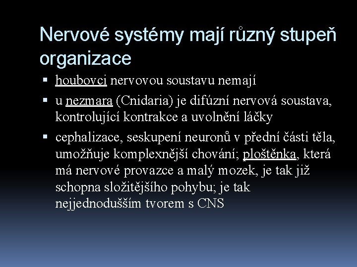 Nervové systémy mají různý stupeň organizace houbovci nervovou soustavu nemají u nezmara (Cnidaria) je