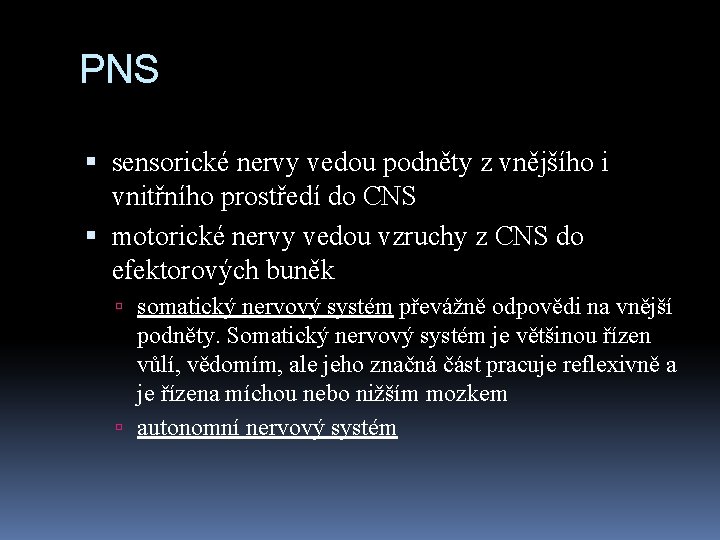 PNS sensorické nervy vedou podněty z vnějšího i vnitřního prostředí do CNS motorické nervy