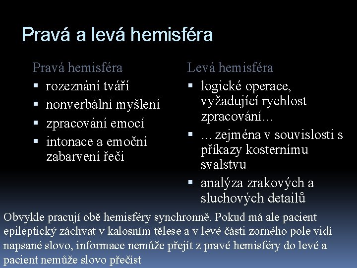 Pravá a levá hemisféra Pravá hemisféra rozeznání tváří nonverbální myšlení zpracování emocí intonace a