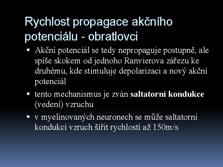 Rychlost propagace akčního potenciálu - obratlovci Akční potenciál se tedy nepropaguje postupně, ale spíše