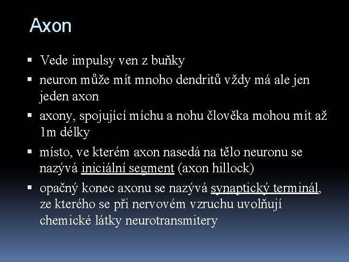 Axon Vede impulsy ven z buňky neuron může mít mnoho dendritů vždy má ale