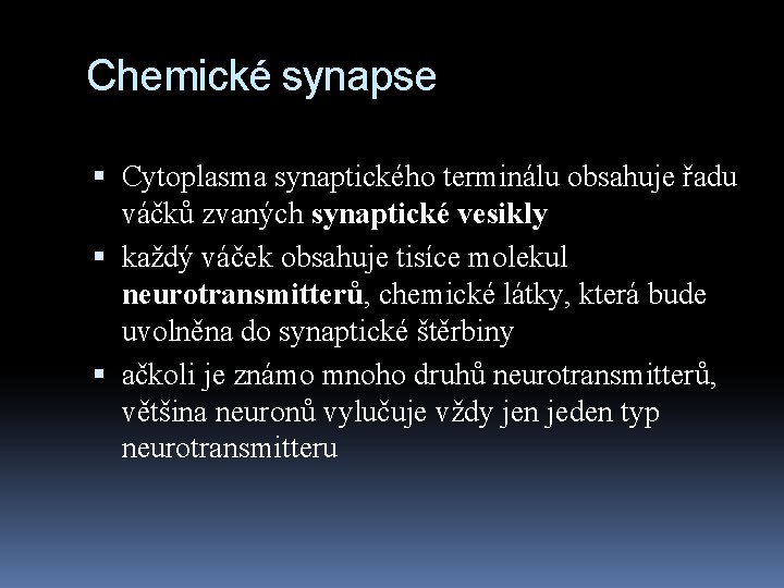 Chemické synapse Cytoplasma synaptického terminálu obsahuje řadu váčků zvaných synaptické vesikly každý váček obsahuje