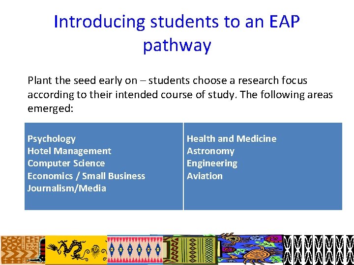 Introducing students to an EAP pathway Plant the seed early on – students choose