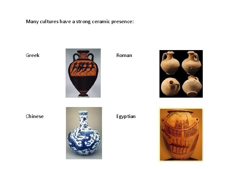Many cultures have a strong ceramic presence: Greek Roman Chinese Egyptian 
