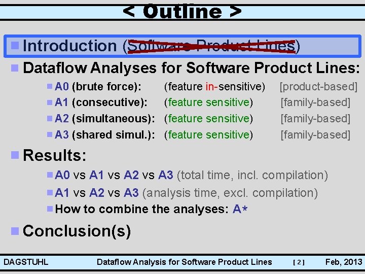 < Outline > Introduction (Software Product Lines) Dataflow Analyses for Software Product Lines: A