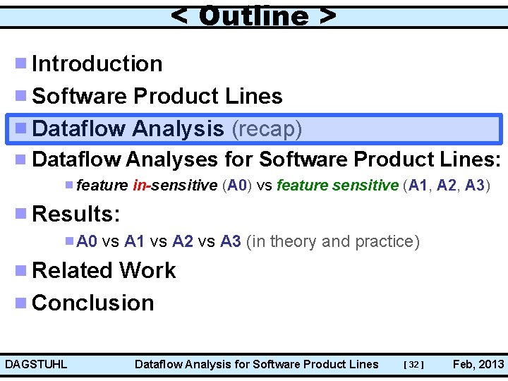 < Outline > Introduction Software Product Lines Dataflow Analysis (recap) Dataflow Analyses for Software