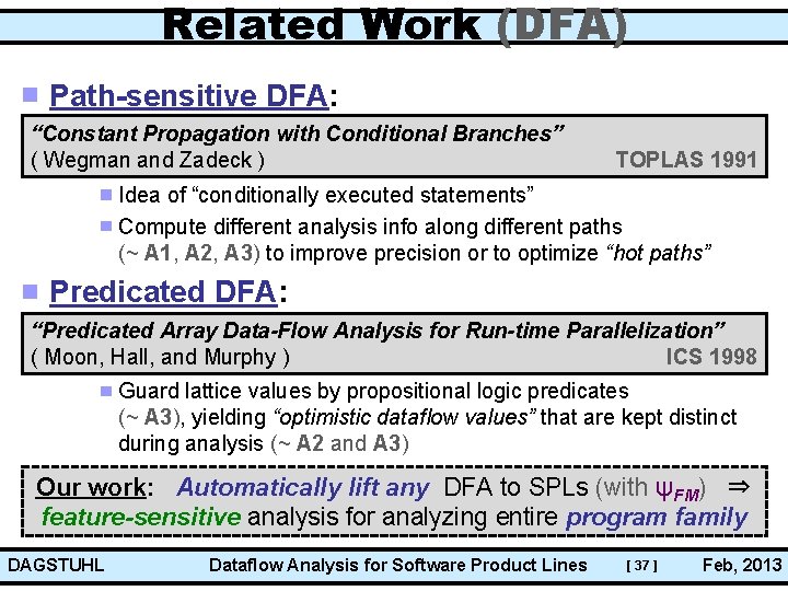 Related Work (DFA) Path-sensitive DFA: “Constant Propagation with Conditional Branches” ( Wegman and Zadeck