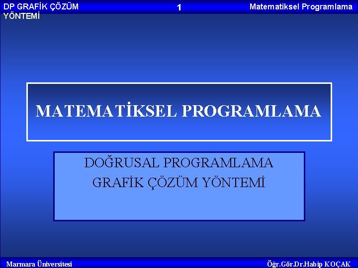 DP GRAFİK ÇÖZÜM YÖNTEMİ 1 Matematiksel Programlama MATEMATİKSEL PROGRAMLAMA DOĞRUSAL PROGRAMLAMA GRAFİK ÇÖZÜM YÖNTEMİ