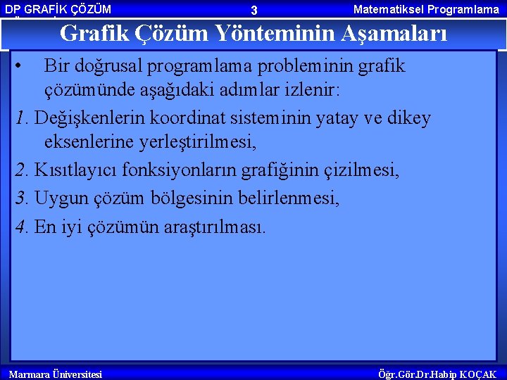 DP GRAFİK ÇÖZÜM YÖNTEMİ 3 Matematiksel Programlama Grafik Çözüm Yönteminin Aşamaları • Bir doğrusal