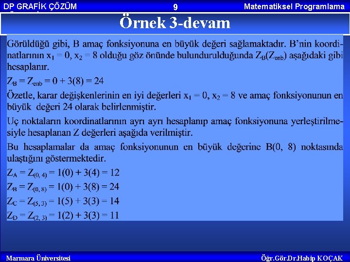 DP GRAFİK ÇÖZÜM YÖNTEMİ Marmara Üniversitesi 9 Matematiksel Programlama Örnek 3 -devam Öğr. Gör.