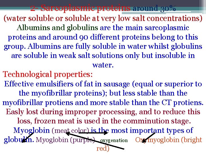 2 - Sarcoplasmic proteins around 30% (water soluble or soluble at very low salt