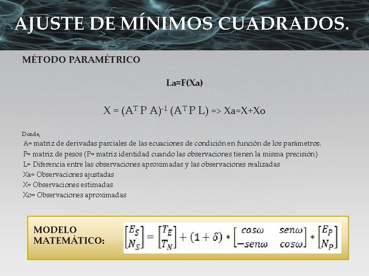 AJUSTE DE MÍNIMOS CUADRADOS. MÉTODO PARAMÉTRICO La=F(Xa) X = (AT P A)-1 (AT P
