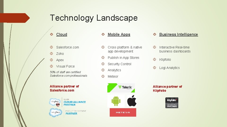 Technology Landscape Cloud Mobile Apps Business Intelligence Salesforce. com Cross platform & native app