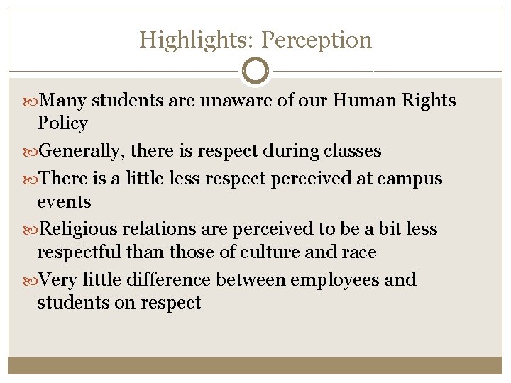 Highlights: Perception Many students are unaware of our Human Rights Policy Generally, there is