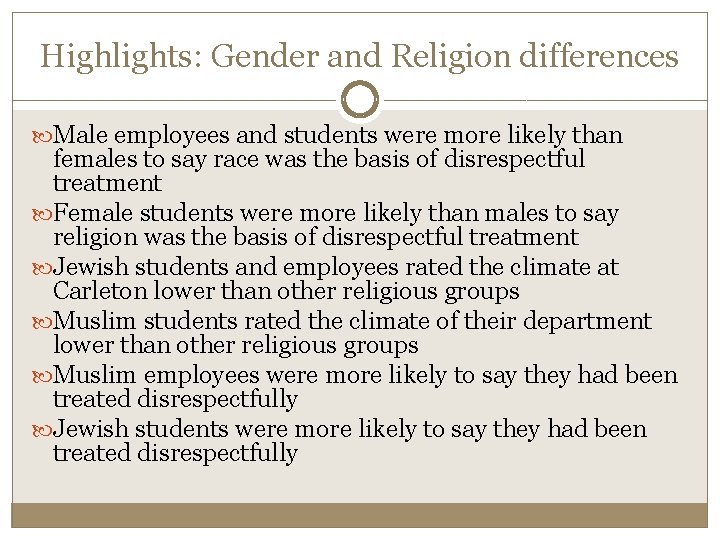 Highlights: Gender and Religion differences Male employees and students were more likely than females