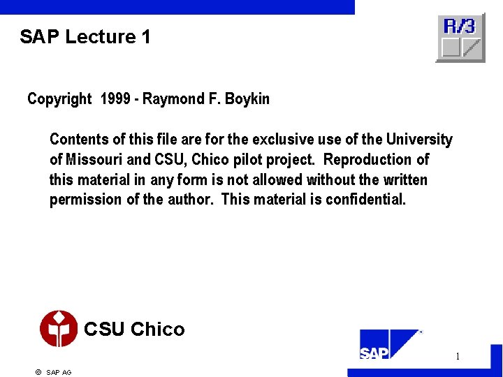 SAP Lecture 1 Copyright 1999 - Raymond F. Boykin Contents of this file are