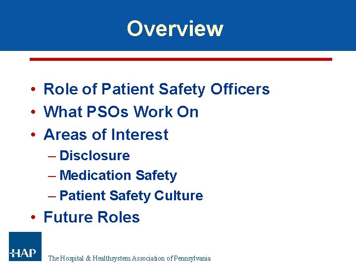 Overview • Role of Patient Safety Officers • What PSOs Work On • Areas Overview • Role of Patient Safety Officers • What PSOs Work On • Areas