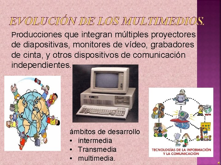 EVOLUCIÓN DE LOS MULTIMEDIOS. Producciones que integran múltiples proyectores de diapositivas, monitores de vídeo,