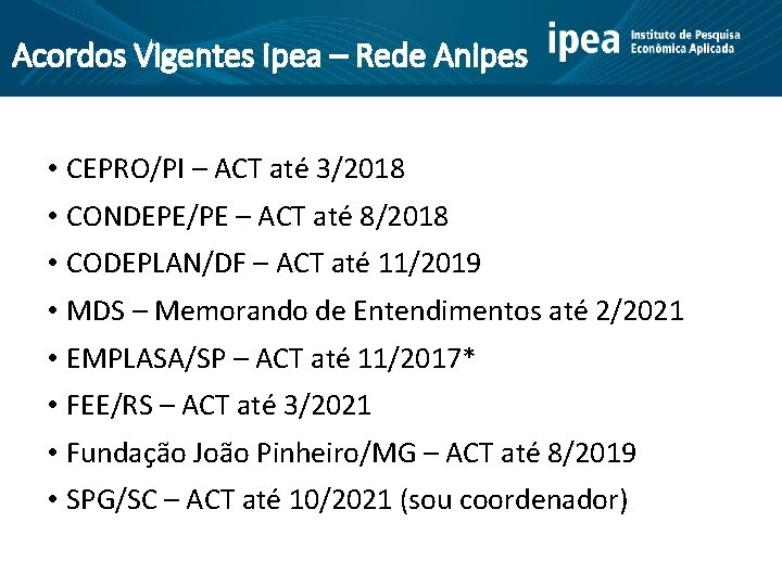 Acordos Vigentes Ipea – Rede Anipes • CEPRO/PI – ACT até 3/2018 • CONDEPE/PE