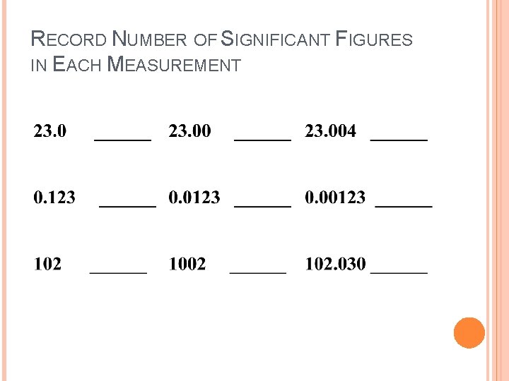 RECORD NUMBER OF SIGNIFICANT FIGURES IN EACH MEASUREMENT 