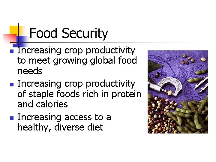 Food Security n n n Increasing crop productivity to meet growing global food needs