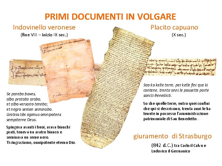 PRIMI DOCUMENTI IN VOLGARE Indovinello veronese (fine VIII – inizio IX sec. ) Se