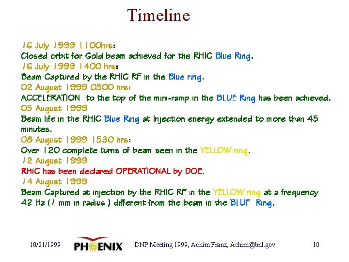 Timeline 16 July 1999 1100 hrs: Closed orbit for Gold beam achieved for the