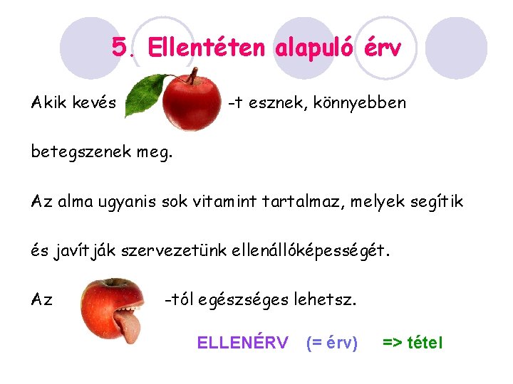 5. Ellentéten alapuló érv Akik kevés -t esznek, könnyebben betegszenek meg. Az alma ugyanis