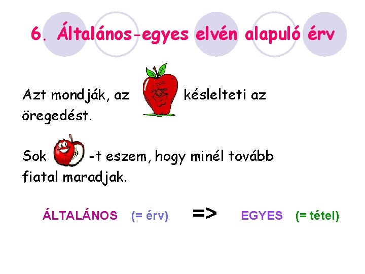 6. Általános-egyes elvén alapuló érv Azt mondják, az öregedést. késlelteti az Sok -t eszem,