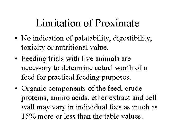 Limitation of Proximate • No indication of palatability, digestibility, toxicity or nutritional value. •