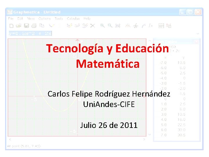 Tecnología y Educación Matemática Carlos Felipe Rodríguez Hernández Uni. Andes-CIFE Julio 26 de 2011