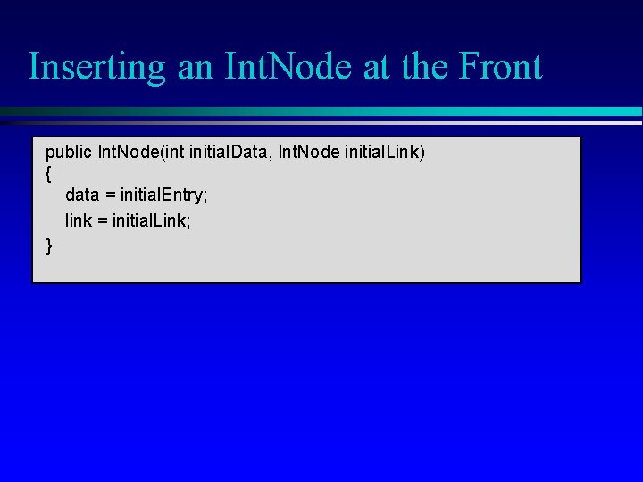 Inserting an Int. Node at the Front public Int. Node(int initial. Data, Int. Node