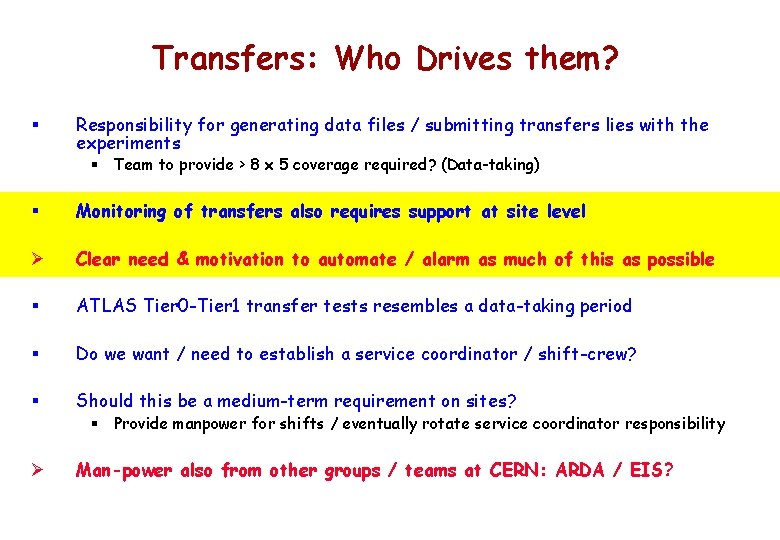 Transfers: Who Drives them? § Responsibility for generating data files / submitting transfers lies