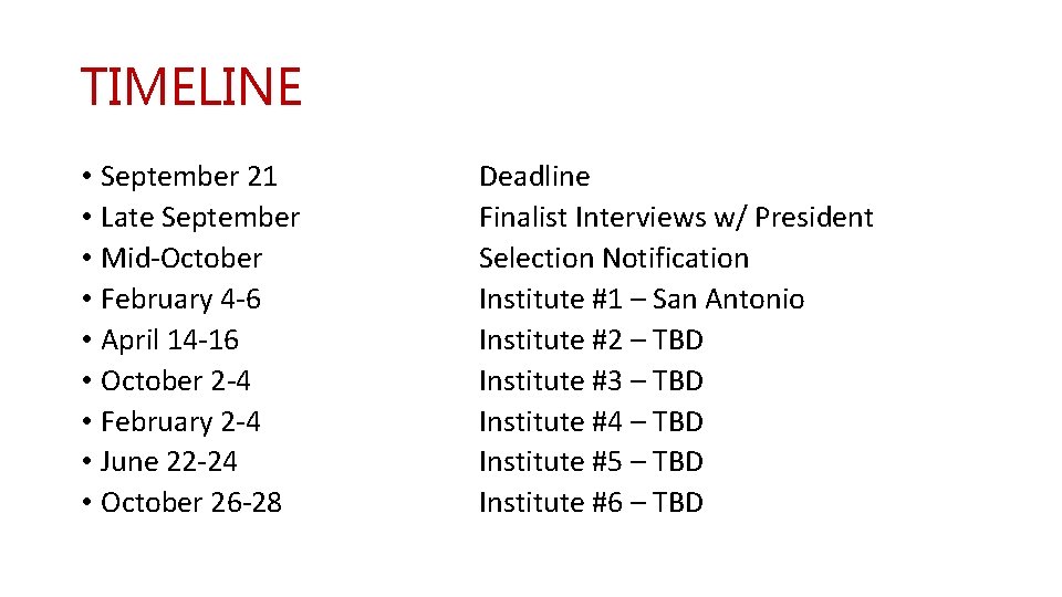 TIMELINE • September 21 • Late September • Mid-October • February 4 -6 •