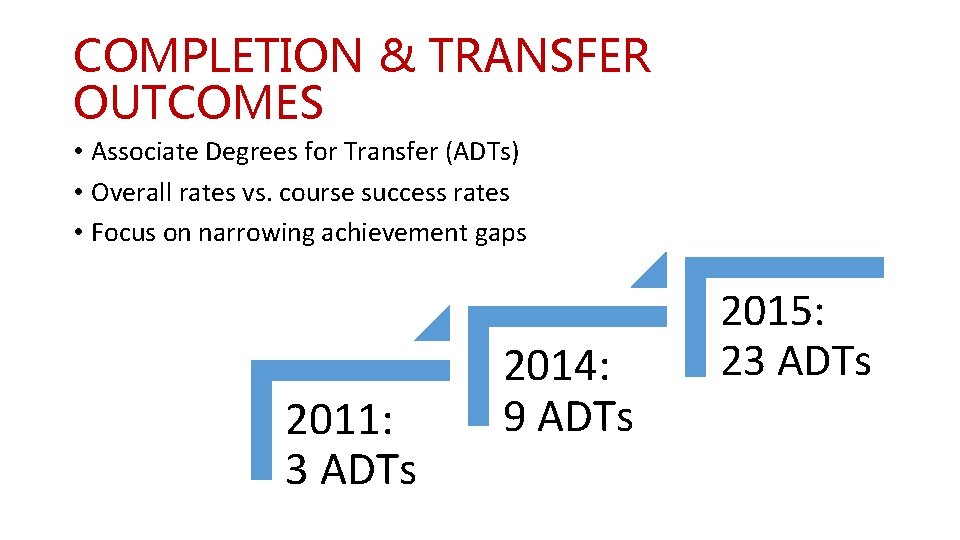 COMPLETION & TRANSFER OUTCOMES • Associate Degrees for Transfer (ADTs) • Overall rates vs.