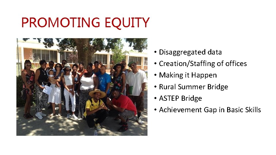 PROMOTING EQUITY • Disaggregated data • Creation/Staffing of offices • Making it Happen •